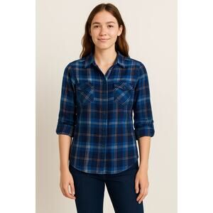 Arizona Juniors Blue Plaid Button-Down Long Sleeve Shirt – Size Medium, EUC